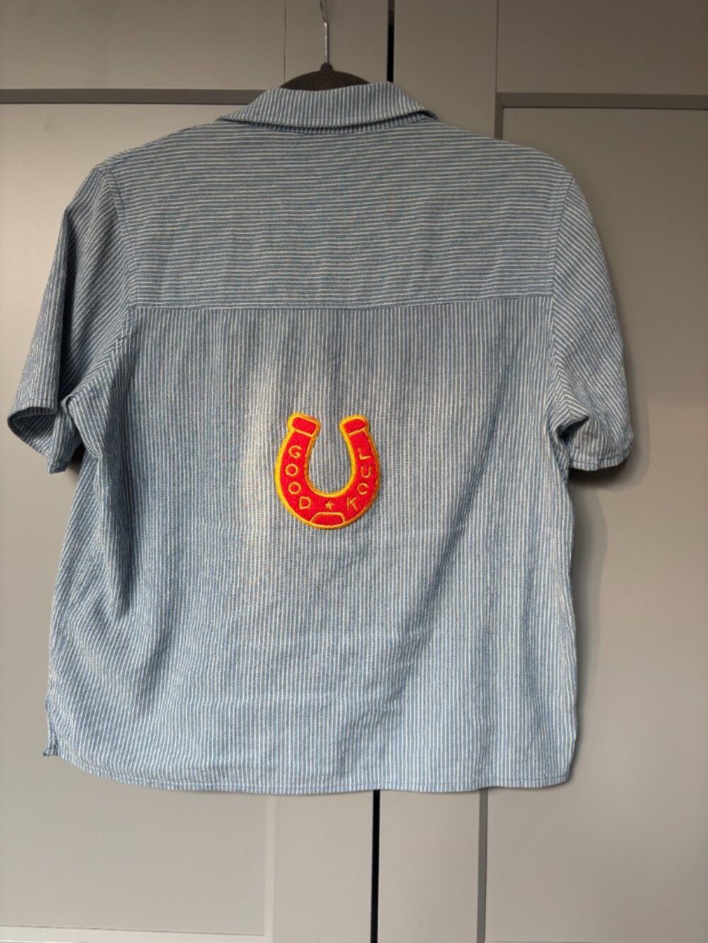 linen cotton blend button up women's shirt with subtle pinstripes